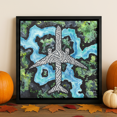 Aerial-view style painting of a Boeing 777 with intricate linework over abstract green and blue landscape patterns, artwork by MK Mason, fall interior