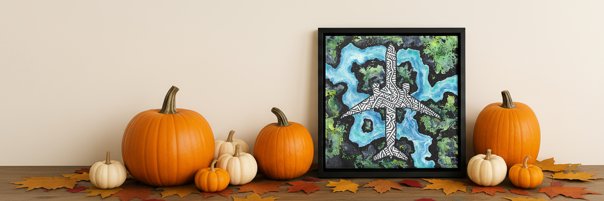 Aerial-view style painting of a Boeing 777 with intricate linework over abstract green and blue landscape patterns, artwork by MK Mason, fall interior