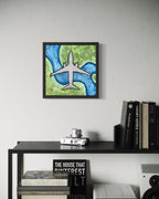 Top-down painting of a Boeing 737-800 with intricate linework over green and blue summer terrain, artwork by MK Mason, interior mockup