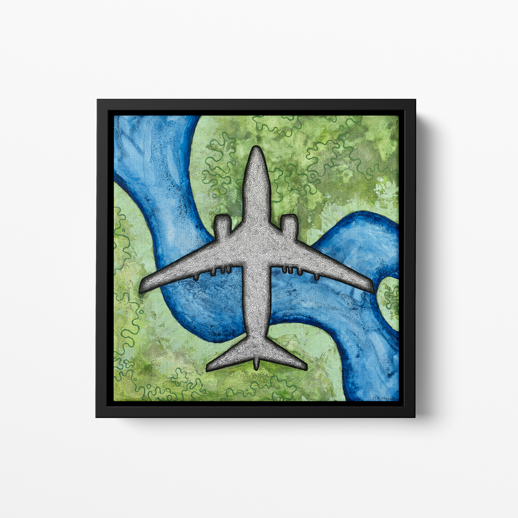 Top-down painting of a Boeing 737-800 with intricate linework over green and blue summer terrain, artwork by MK Mason, framed mockup