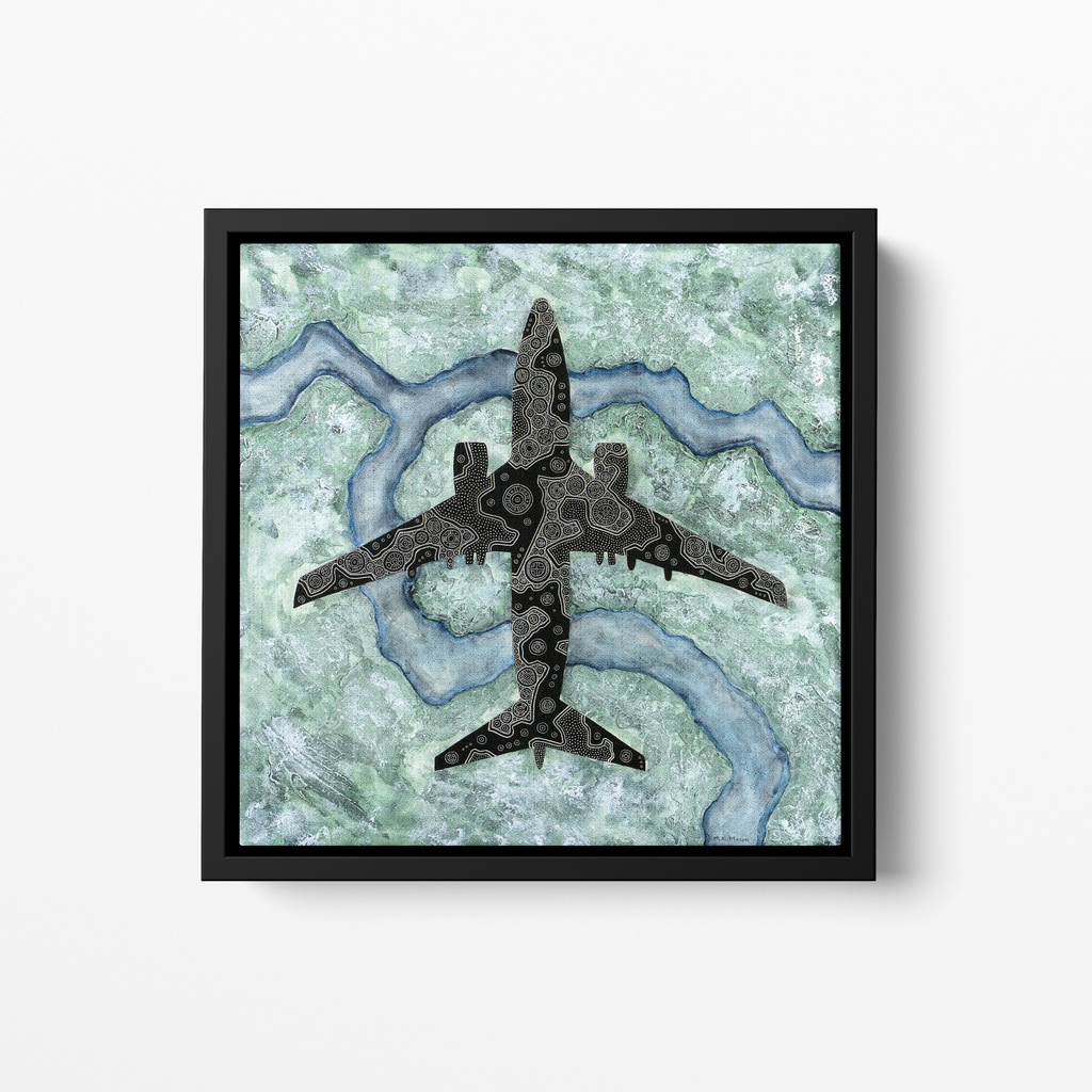 Top-down painting of a Boeing 737-800 with fine black linework over icy blue and white abstract winter terrain, artwork by MK Mason, framed mockup