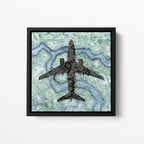 Top-down painting of a Boeing 737-800 with fine black linework over icy blue and white abstract winter terrain, artwork by MK Mason, framed mockup