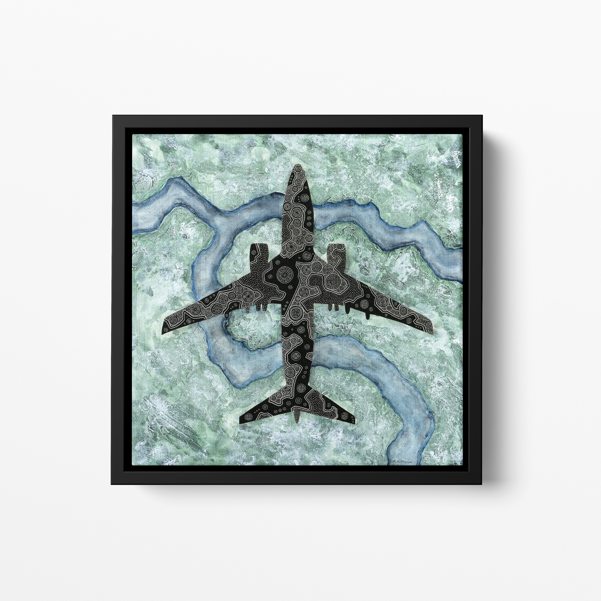 Top-down painting of a Boeing 737-800 with fine black linework over icy blue and white abstract winter terrain, artwork by MK Mason, framed mockup