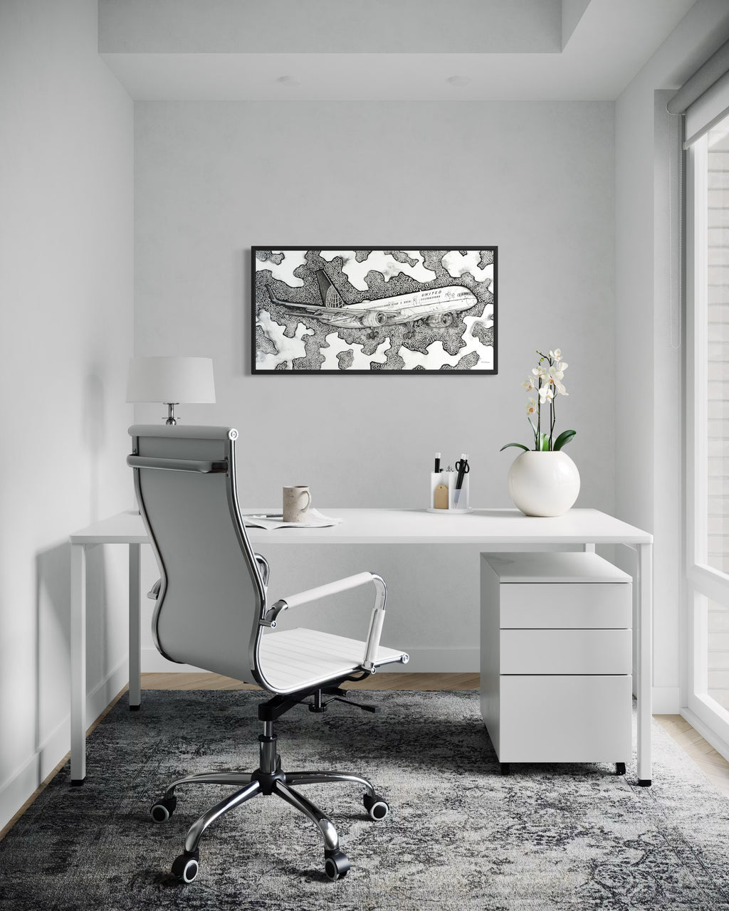 Black and white ink and watercolor painting of a United Airlines Boeing 757-200 flying through abstract patterned clouds, artwork by MK Mason, interior mockup