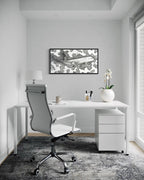 Black and white ink and watercolor painting of a United Airlines Boeing 757-200 flying through abstract patterned clouds, artwork by MK Mason, interior mockup