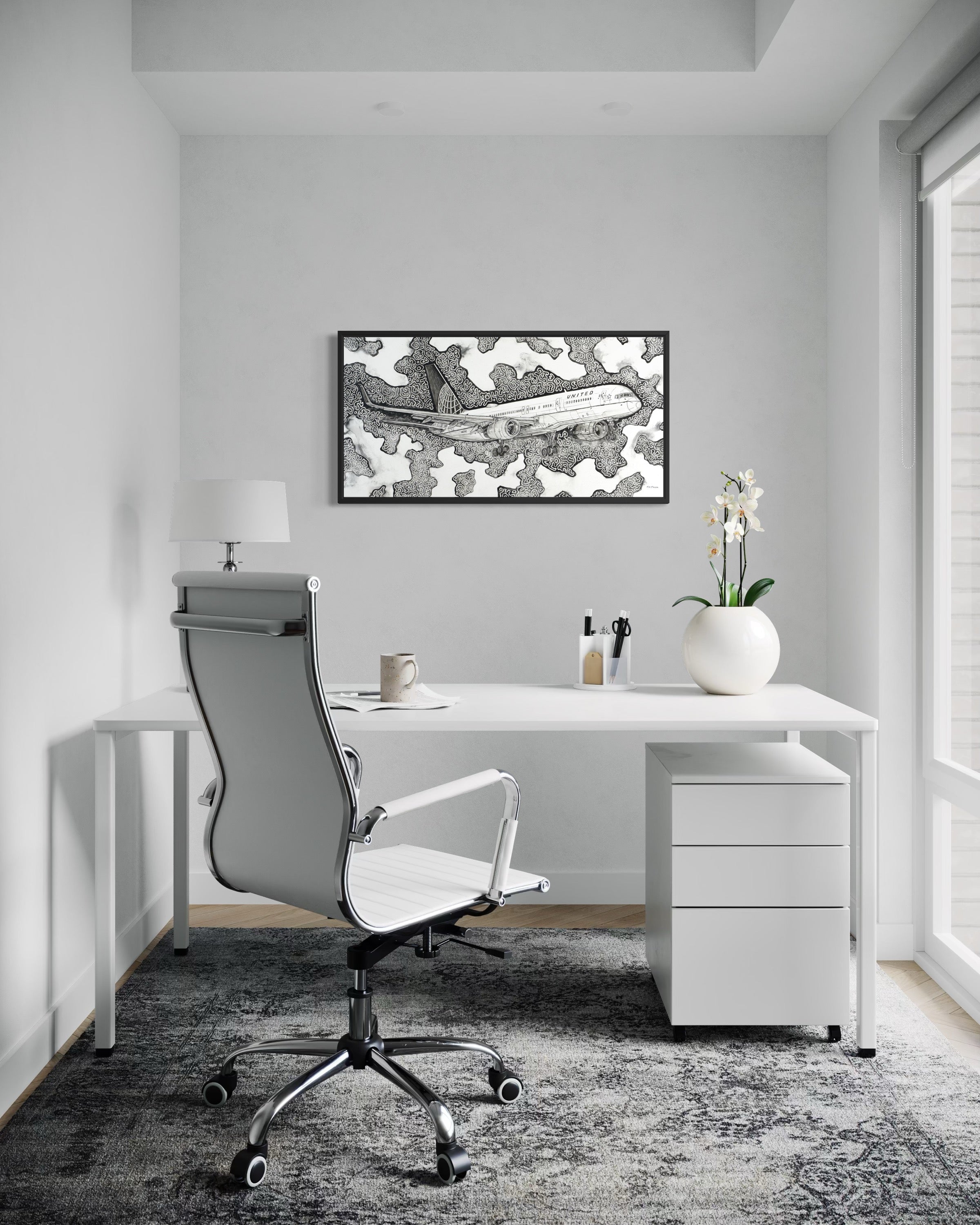 Black and white ink and watercolor painting of a United Airlines Boeing 757-200 flying through abstract patterned clouds, artwork by MK Mason, interior mockup