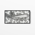 Black and white ink and watercolor painting of a United Airlines Boeing 757-200 flying through abstract patterned clouds, artwork by MK Mason, framed mockup