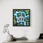 Aerial-view style painting of a Boeing 777 with intricate linework over abstract green and blue landscape patterns, artwork by MK Mason, interior mockup