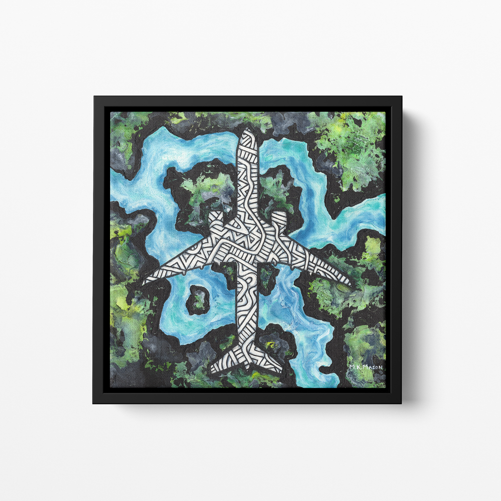 Aerial-view style painting of a Boeing 777 with intricate linework over abstract green and blue landscape patterns, artwork by MK Mason, framed mockup