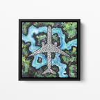 Aerial-view style painting of a Boeing 777 with intricate linework over abstract green and blue landscape patterns, artwork by MK Mason, framed mockup