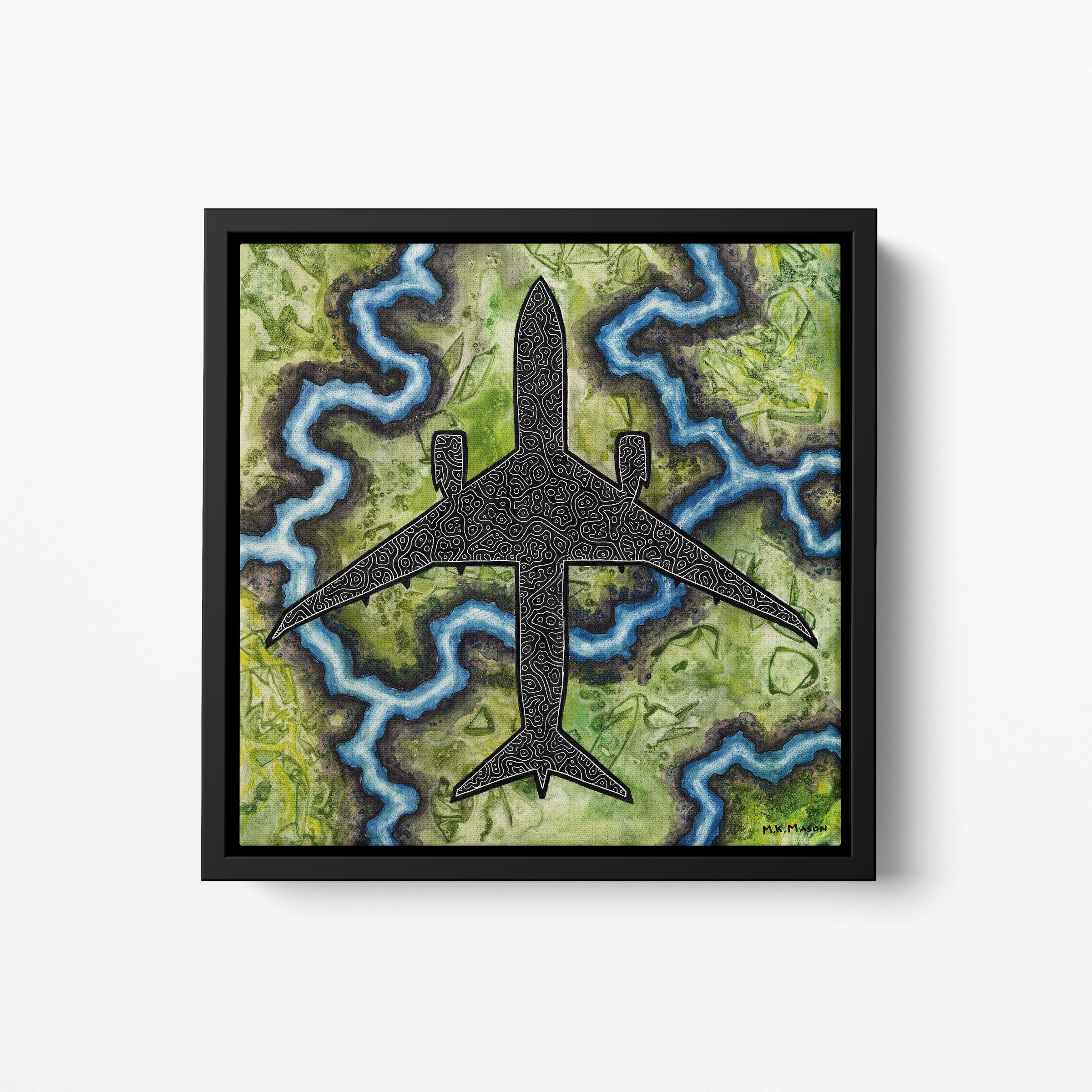 Top-down painting of a Boeing 787 with black-and-white abstract patterns over textured green and blue terrain, artwork by MK Mason, framed mockup