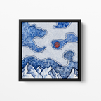 Abstract mountain landscape beneath swirling white linework clouds with a red blood moon, watercolor and ink artwork by MK Mason, framed mockup