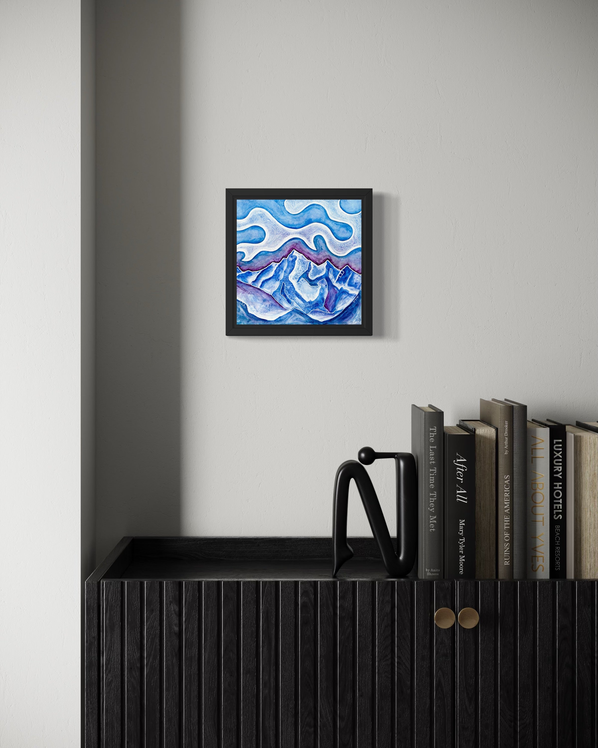Abstract blue mountain landscape with patterned clouds, watercolor and ink artwork by Colorado artist MK Mason, interior mockup