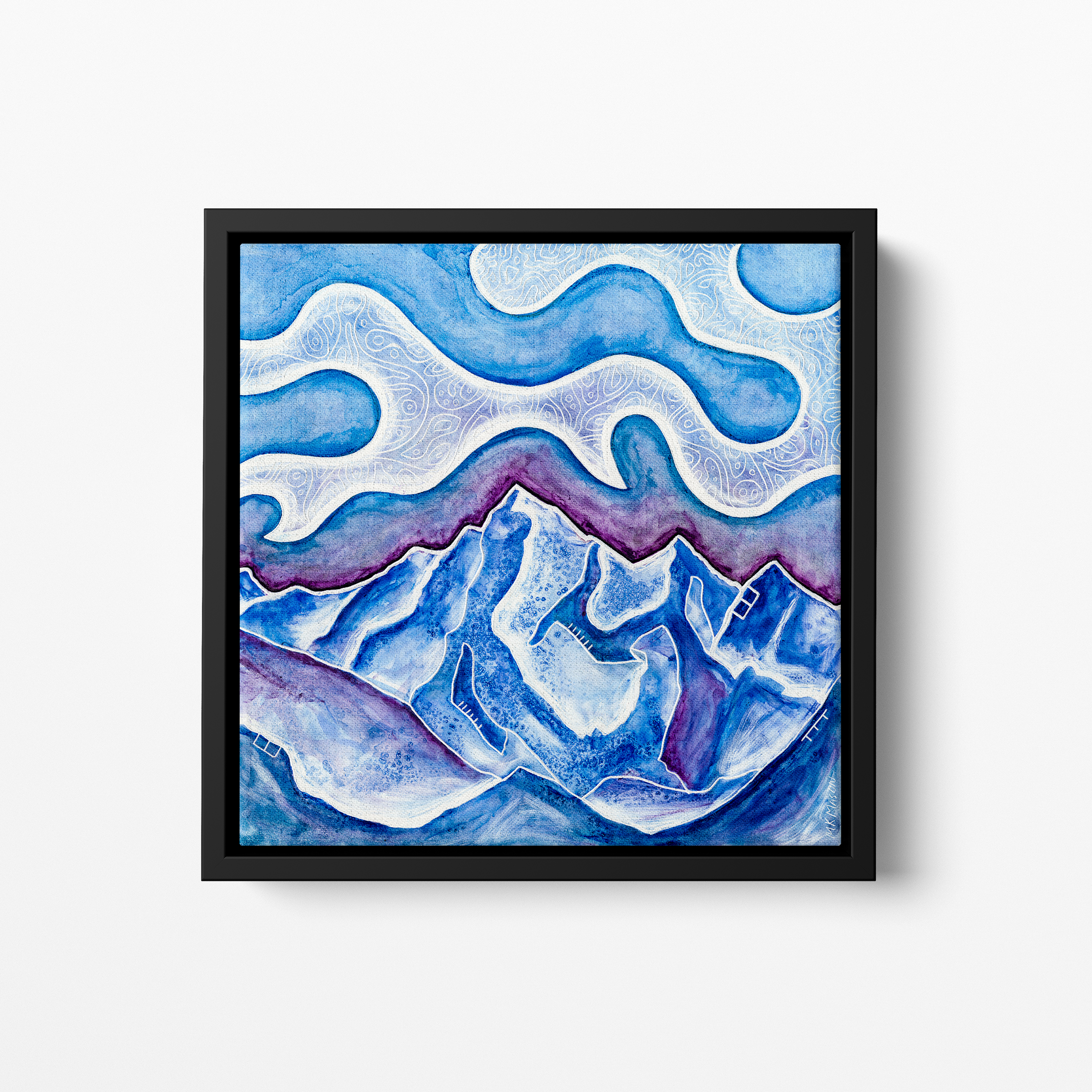 Abstract blue mountain landscape with patterned clouds, watercolor and ink artwork by Colorado artist MK Mason, framed mockup