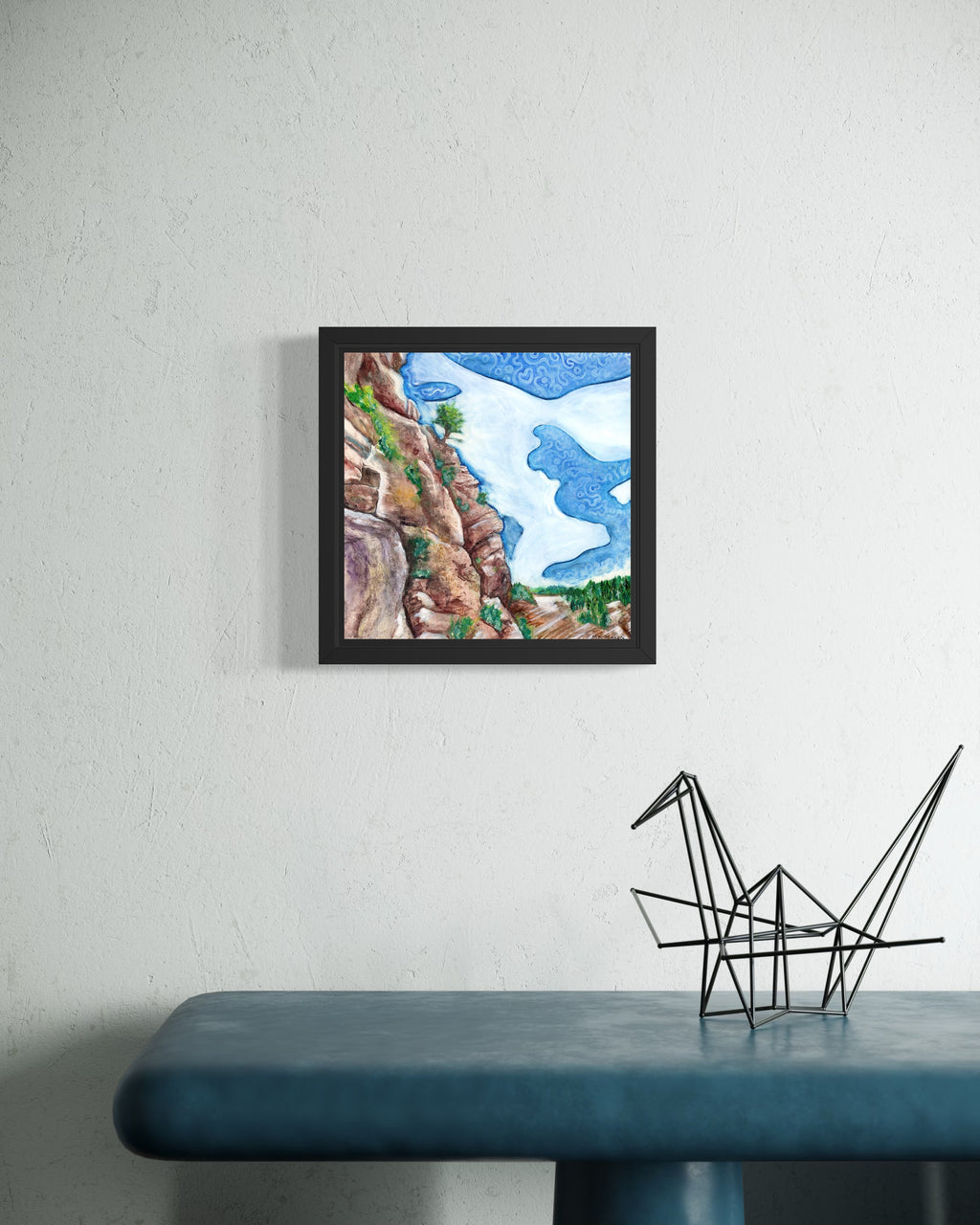 Watercolor and ink painting of Clear Creek Canyon with textured red rock cliffs, abstract blue sky patterns, and green trees, artwork by MK Mason, interior mockup