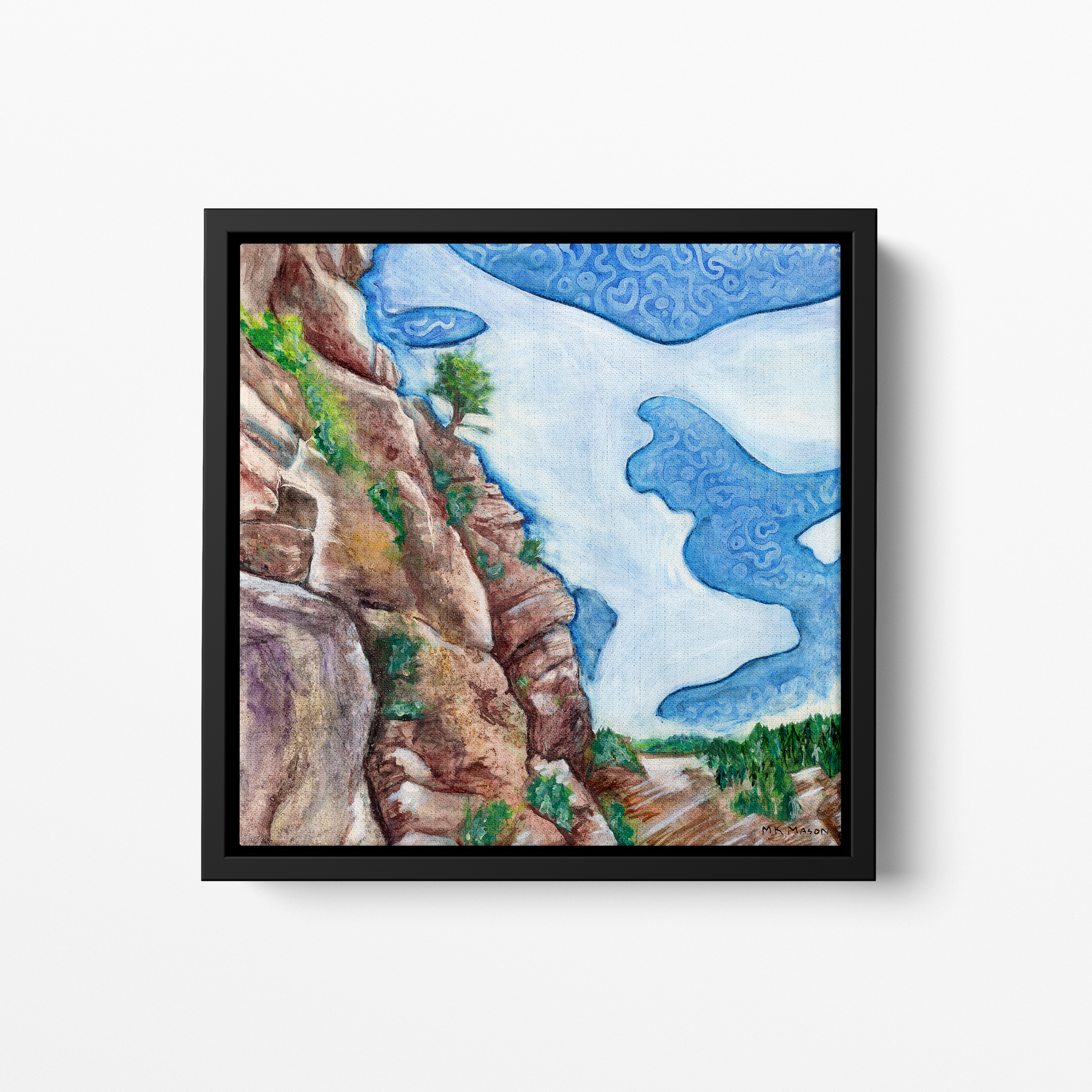 Watercolor and ink painting of Clear Creek Canyon with textured red rock cliffs, abstract blue sky patterns, and green trees, artwork by MK Mason, framed mockup