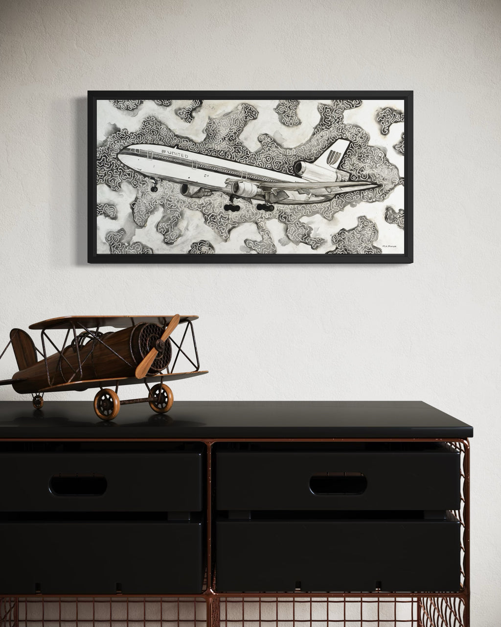 Black and white ink and watercolor painting of a United Airlines DC-10 flying through swirling abstract cloud patterns, artwork by MK Mason, interior mockup