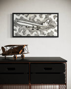 Black and white ink and watercolor painting of a United Airlines DC-10 flying through swirling abstract cloud patterns, artwork by MK Mason, interior mockup