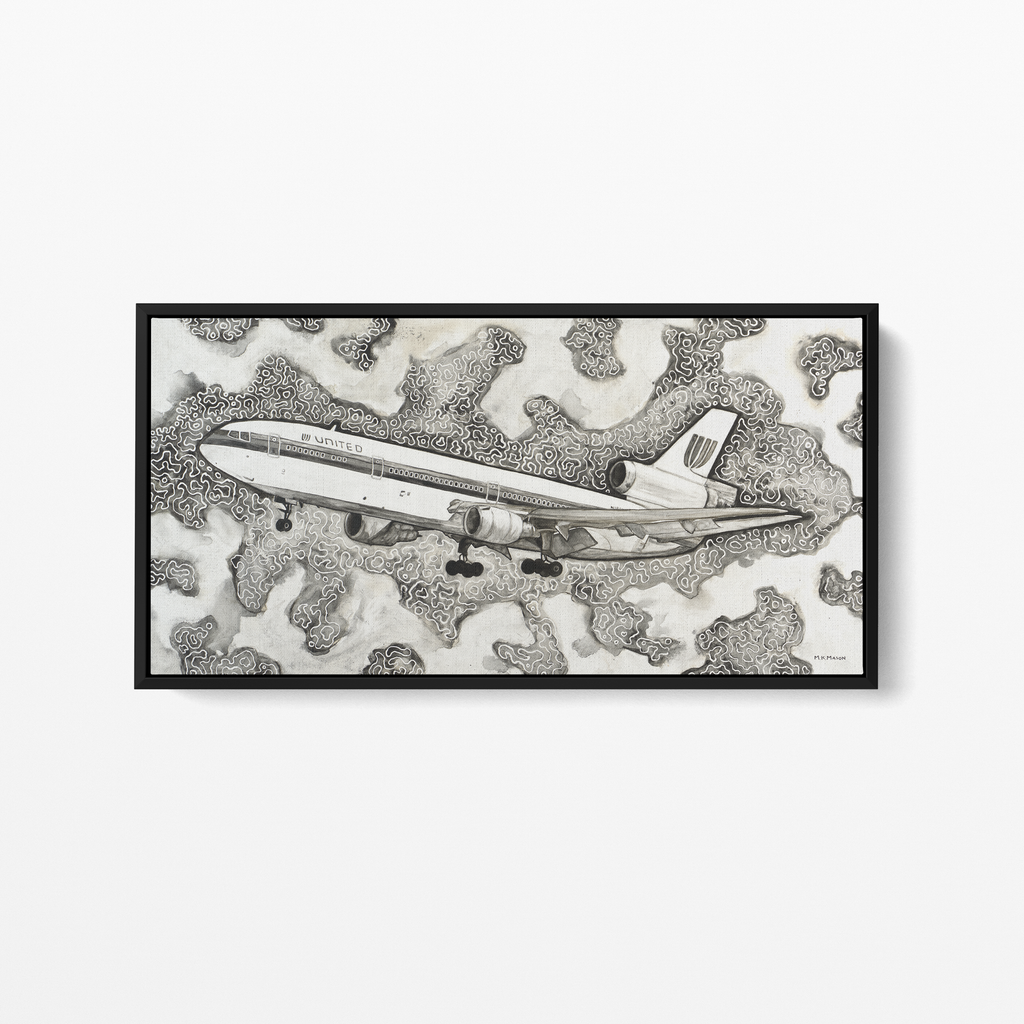 Black and white ink and watercolor painting of a United Airlines DC-10 flying through swirling abstract cloud patterns, artwork by MK Mason, framed mockup