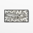 Black and white ink and watercolor painting of a United Airlines DC-10 flying through swirling abstract cloud patterns, artwork by MK Mason, framed mockup