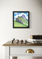 Watercolor and acrylic painting of the Dolomites with textured white clouds and green hills, landscape artwork by MK Mason, interior mockup