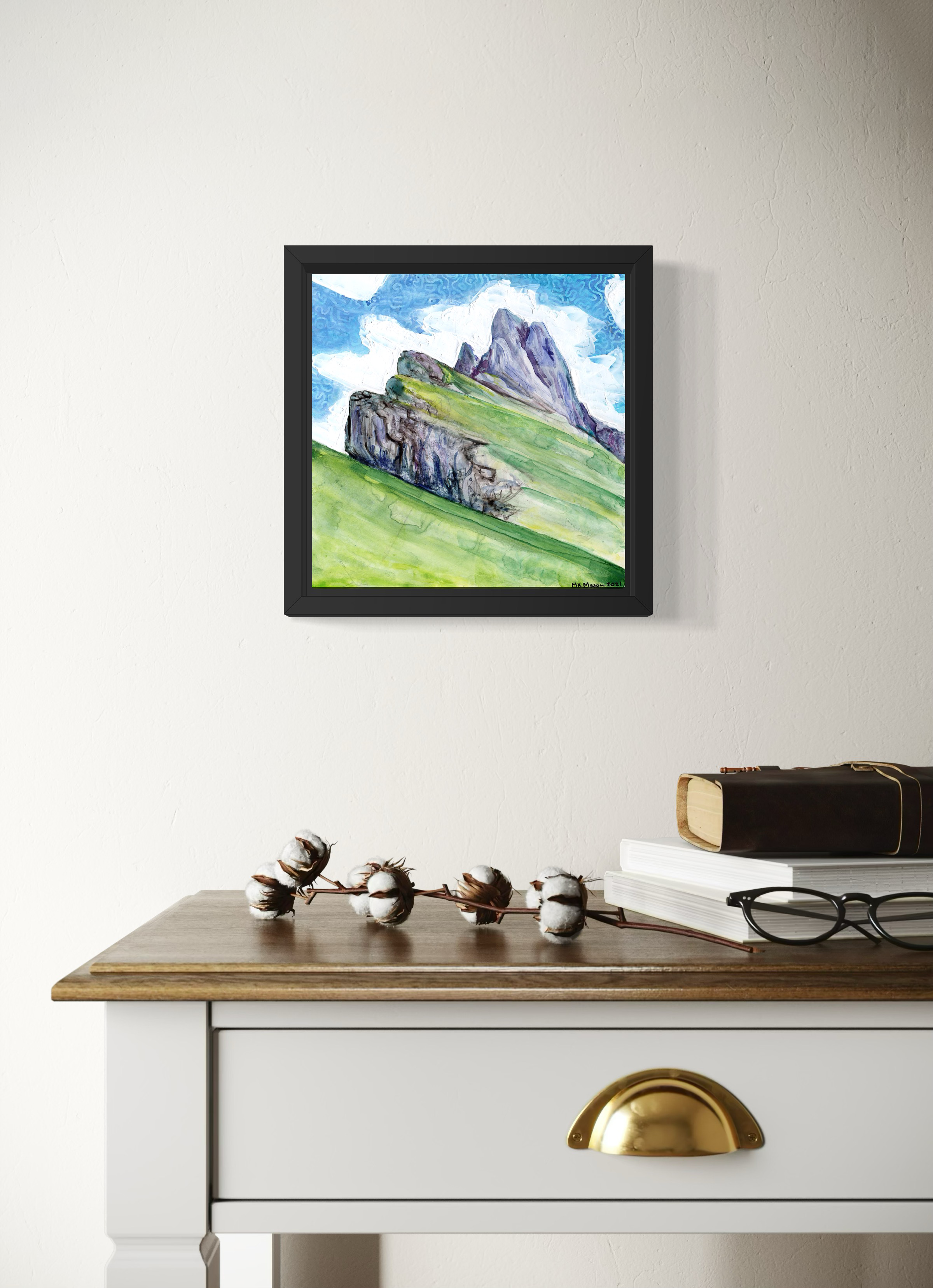 Watercolor and acrylic painting of the Dolomites with textured white clouds and green hills, landscape artwork by MK Mason, interior mockup