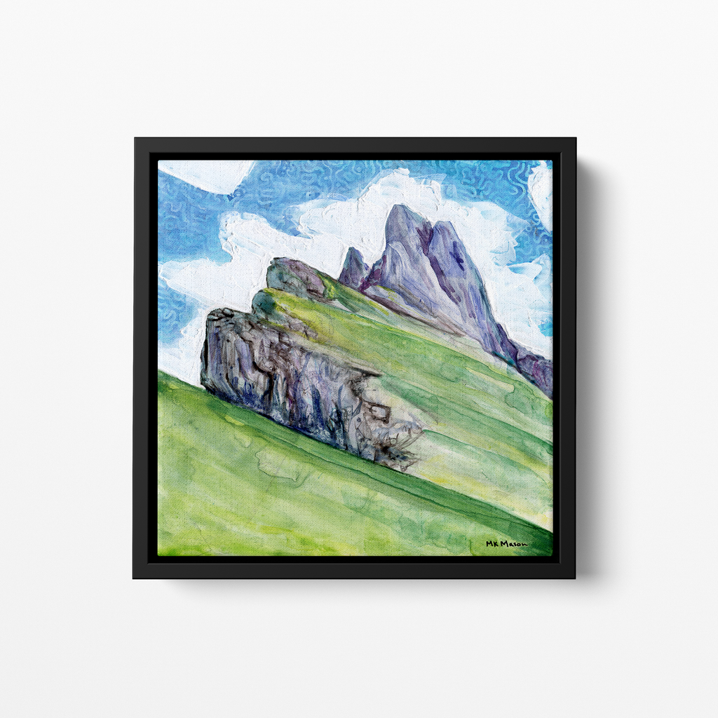 Watercolor and acrylic painting of the Dolomites with textured white clouds and green hills, landscape artwork by MK Mason, framed mockup