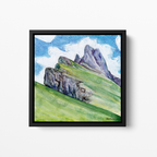 Watercolor and acrylic painting of the Dolomites with textured white clouds and green hills, landscape artwork by MK Mason, framed mockup