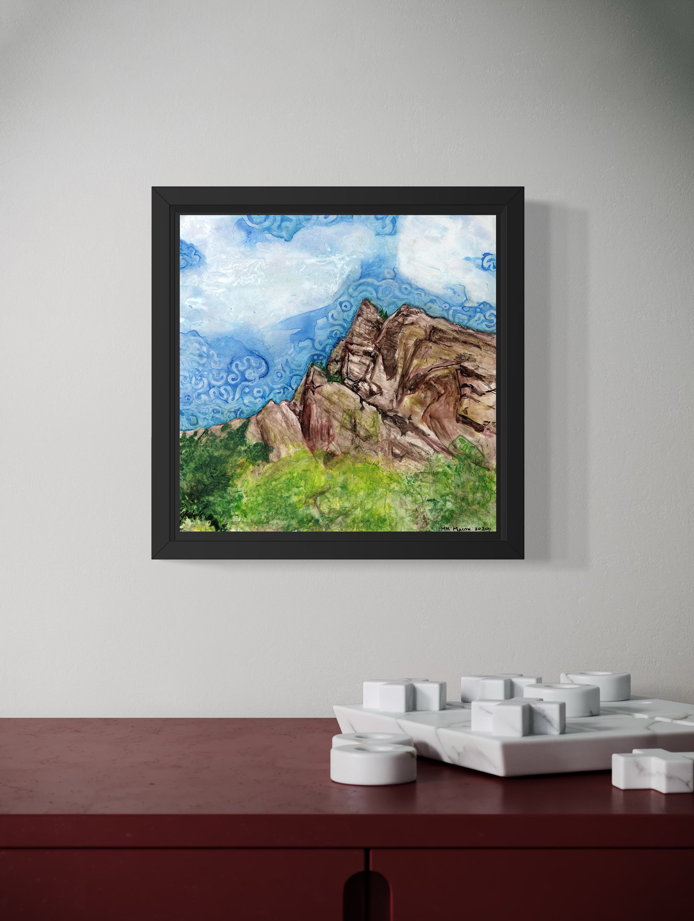 Watercolor and ink painting of Eldorado Canyon cliffs with abstract blue sky patterns, landscape artwork by MK Mason, interior mockup