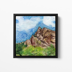 Watercolor and ink painting of Eldorado Canyon cliffs with abstract blue sky patterns, landscape artwork by MK Mason, framed mockup