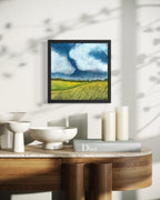 Acrylic landscape painting inspired by Stonehenge, with golden grass fields, dark blue textured sky, and soft white clouds, artwork by MK Mason, interior mockup