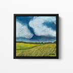 Acrylic landscape painting inspired by Stonehenge, with golden grass fields, dark blue textured sky, and soft white clouds, artwork by MK Mason, framed mockup