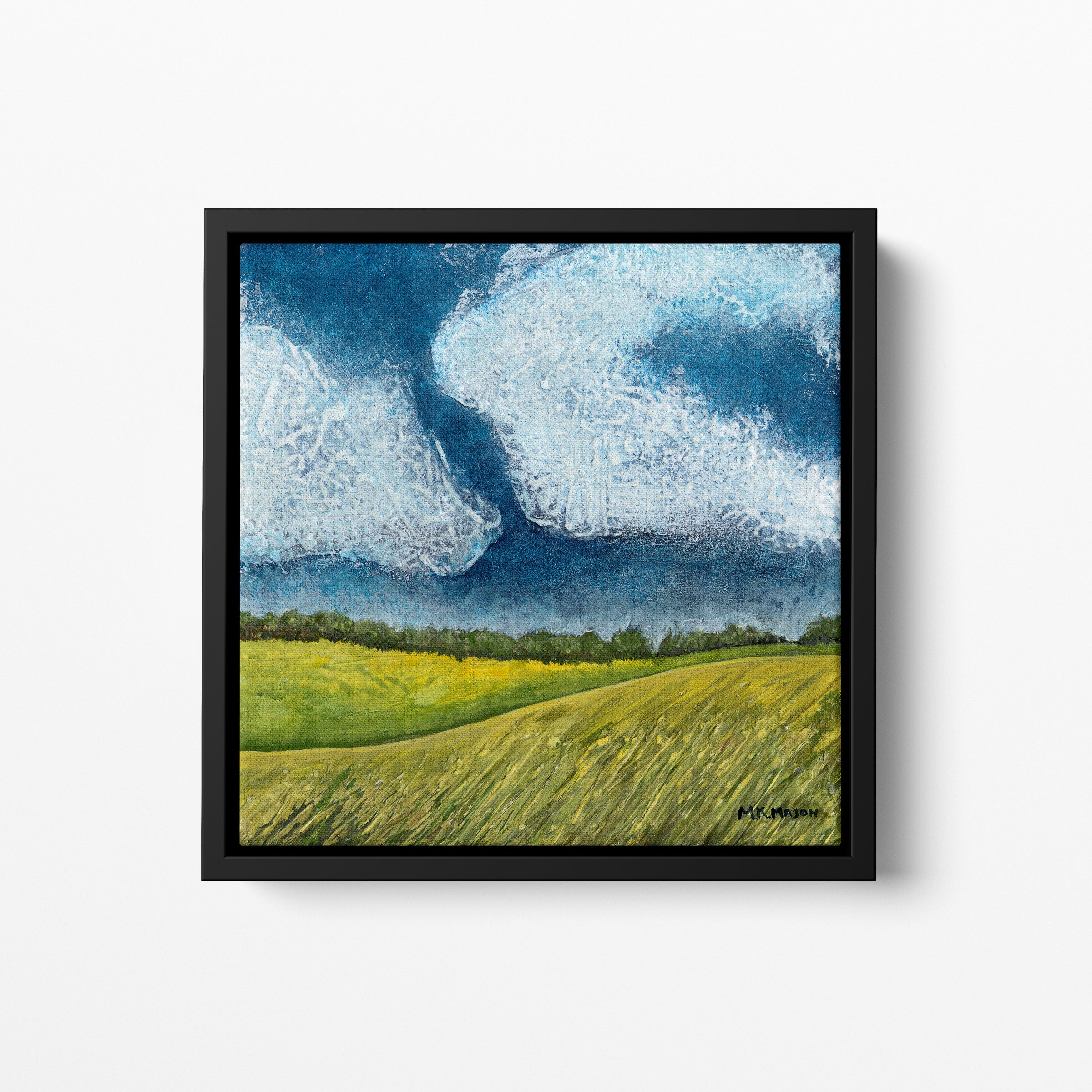 Acrylic landscape painting inspired by Stonehenge, with golden grass fields, dark blue textured sky, and soft white clouds, artwork by MK Mason, framed mockup