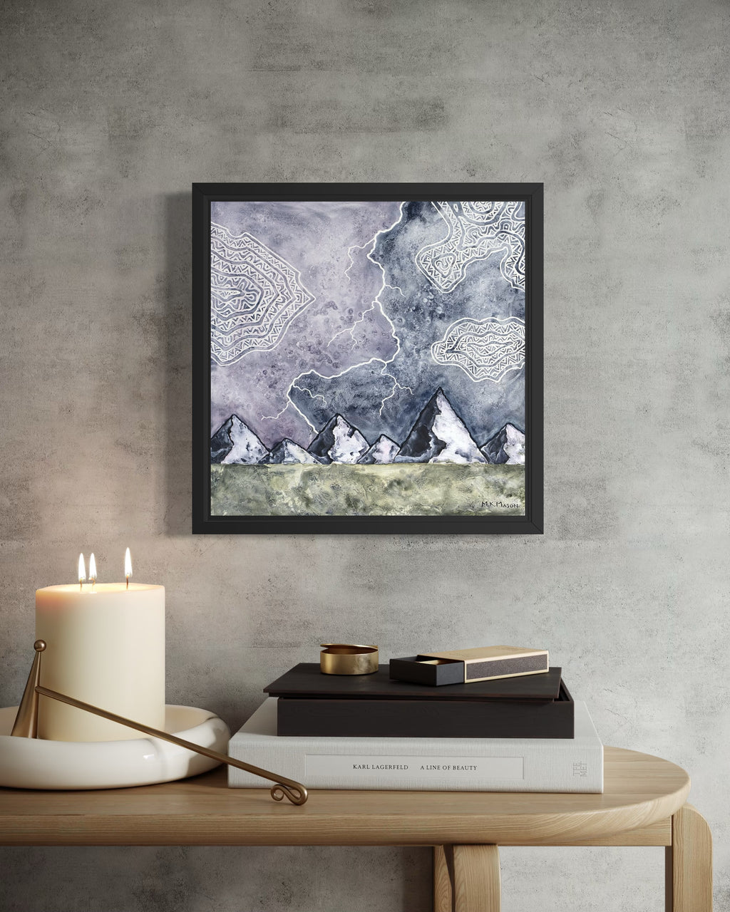 Abstract stormy landscape with jagged mountains, lightning bolts, and swirling textured clouds, watercolor and ink painting by MK Mason, interior mockup