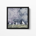 Abstract stormy landscape with jagged mountains, lightning bolts, and swirling textured clouds, watercolor and ink painting by MK Mason, framed mockup