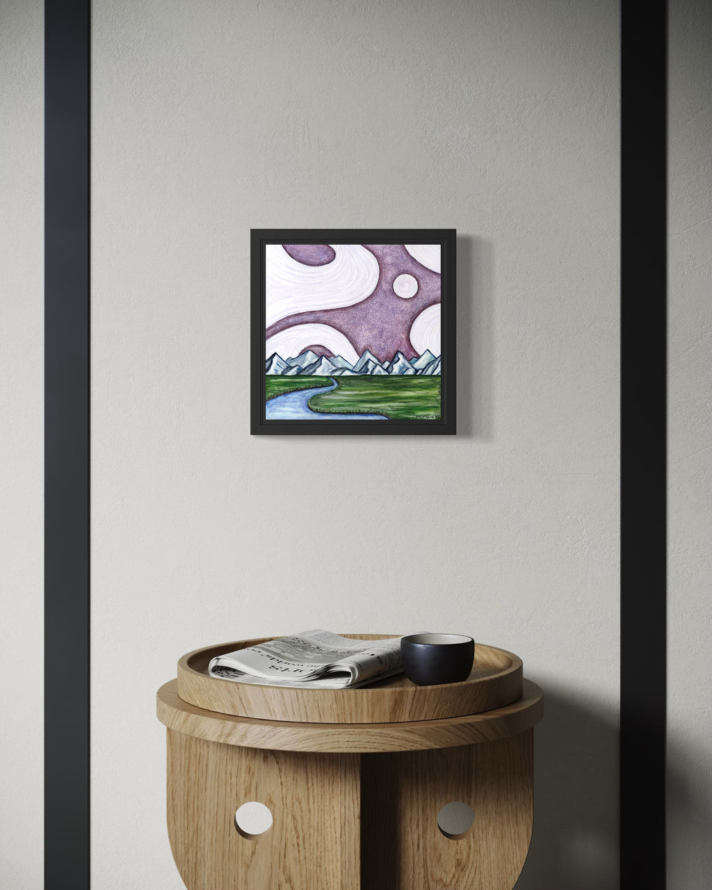 Mountain landscape beneath a swirling mauve night sky with abstract linework patterns, watercolor and ink painting by MK Mason, interior mockup.
