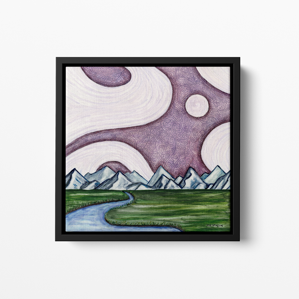 Mountain landscape beneath a swirling mauve night sky with abstract linework patterns, watercolor and ink painting by MK Mason, framed mockup