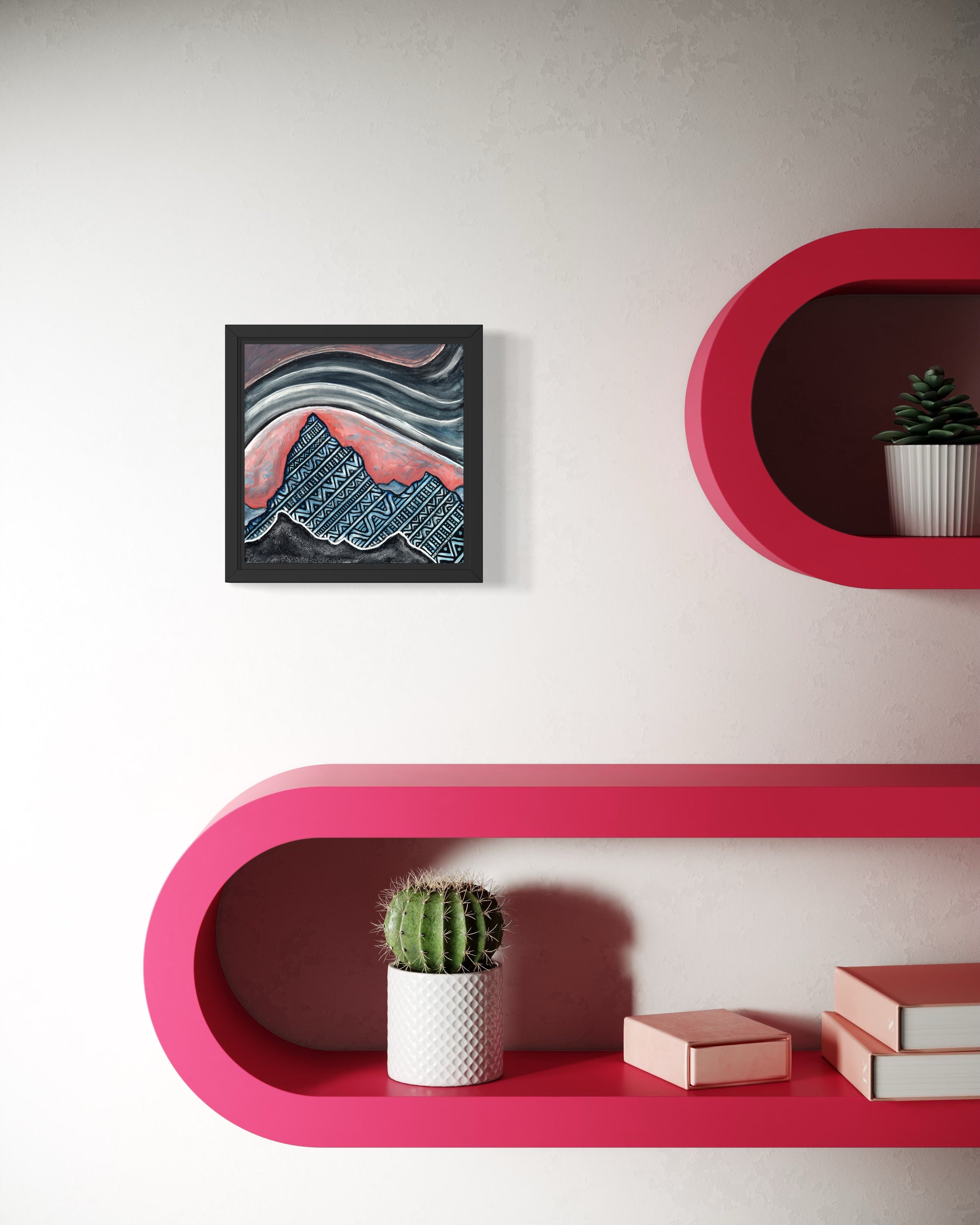 Abstract mountain landscape with geometric patterns and stormy gray and coral sky, watercolor and ink artwork by MK Mason, interior mockup