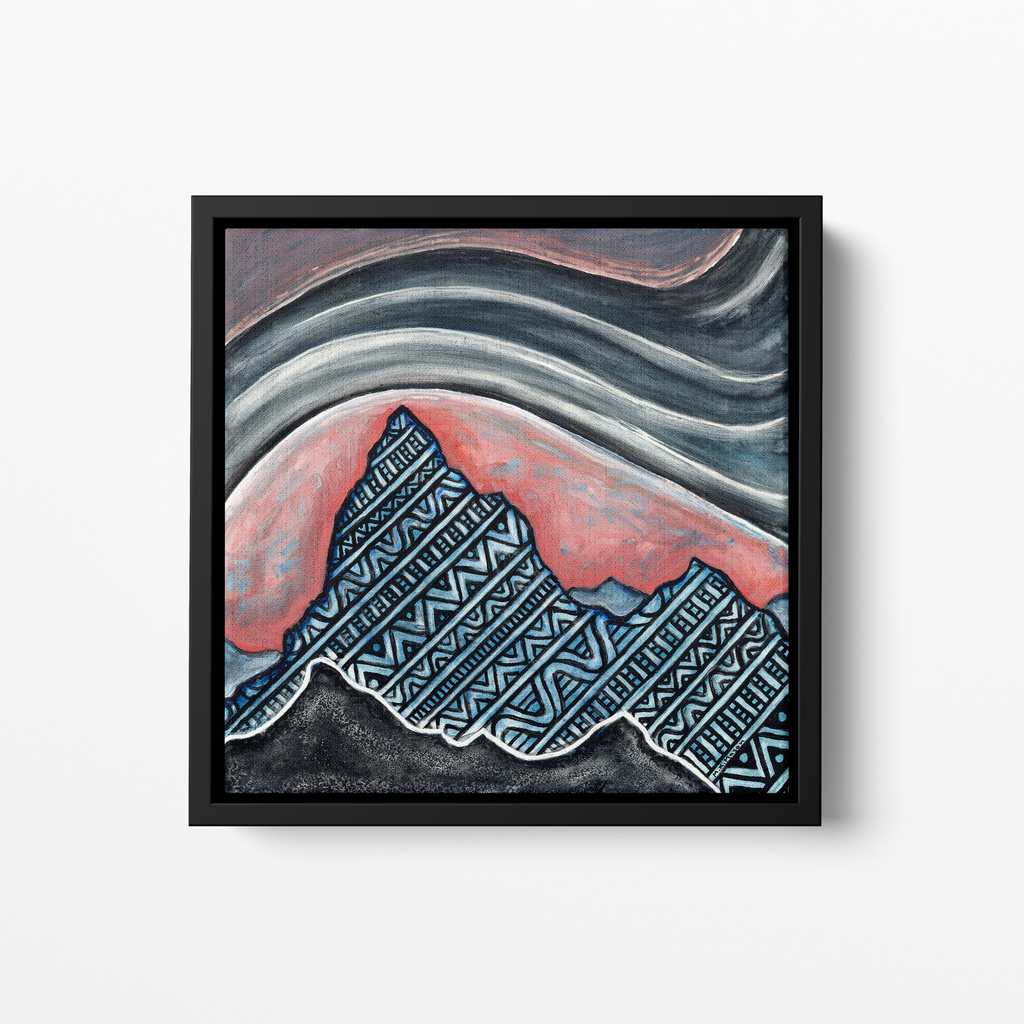 Abstract mountain landscape with geometric patterns and stormy gray and coral sky, watercolor and ink artwork by MK Mason, framed mockup