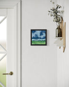 Mountain landscape under a deep navy sky with abstract swirling patterns, watercolor and ink artwork by MK Mason, interior mockup