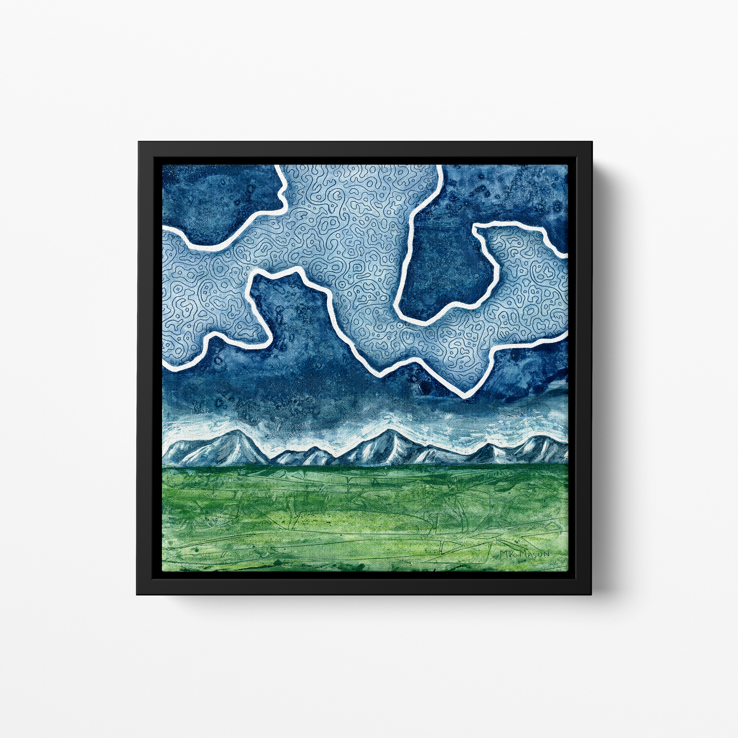 Mountain landscape under a deep navy sky with abstract swirling patterns, watercolor and ink artwork by MK Mason, framed mockup