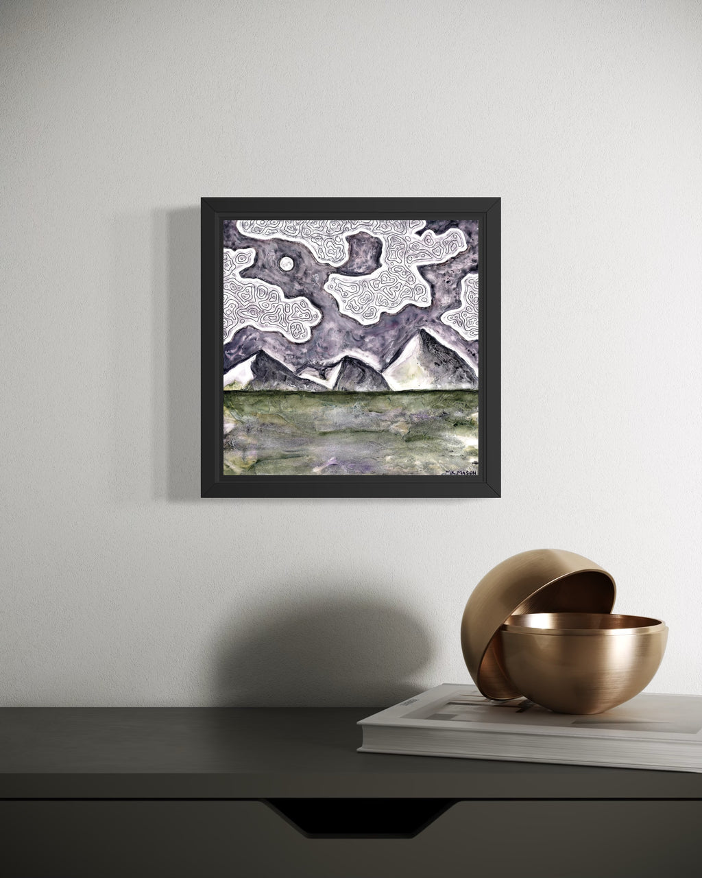 Abstract purple mountain landscape under swirling patterned clouds, watercolor artwork on claybord by Colorado artist MK Mason, interior mockup