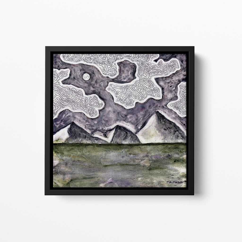 Abstract purple mountain landscape under swirling patterned clouds, watercolor artwork on claybord by Colorado artist MK Mason, framed mockup