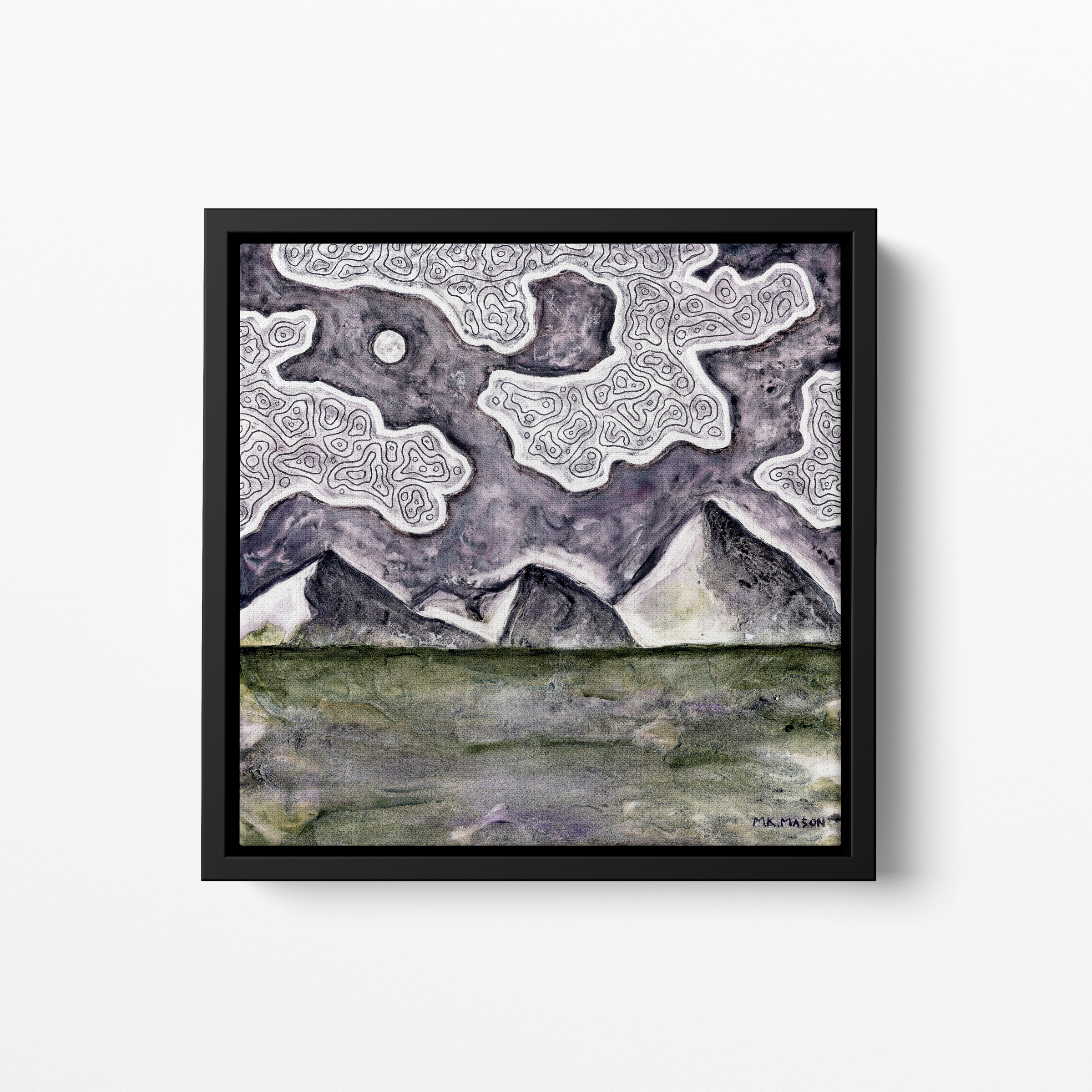 Abstract purple mountain landscape under swirling patterned clouds, watercolor artwork on claybord by Colorado artist MK Mason, framed mockup