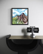 Mountain peak under a bright turquoise sky filled with abstract swirling patterns, ink and watercolor landscape by MK Mason, interior mockup