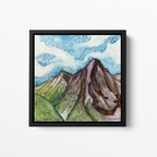 Mountain peak under a bright turquoise sky filled with abstract swirling patterns, ink and watercolor landscape by MK Mason, framed mockup