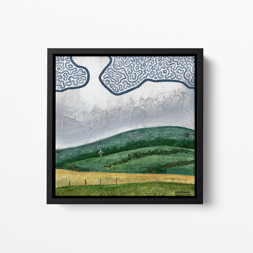 Acrylic landscape painting of rolling green hills with a small windmill and textured gray sky with abstract clouds, created by MK Mason, framed mockup