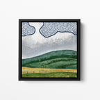 Acrylic landscape painting of rolling green hills with a small windmill and textured gray sky with abstract clouds, created by MK Mason, framed mockup