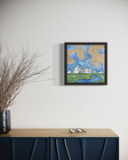 Watercolor landscape featuring a winding river, snowy mountain peaks, green fields, and tan abstract cloud-like patterns, artwork by MK Mason, interior mockup