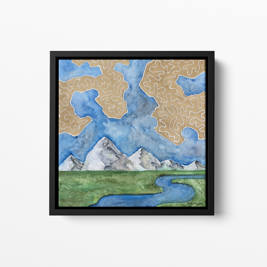 Watercolor landscape featuring a winding river, snowy mountain peaks, green fields, and tan abstract cloud-like patterns, artwork by MK Mason, framed mockup